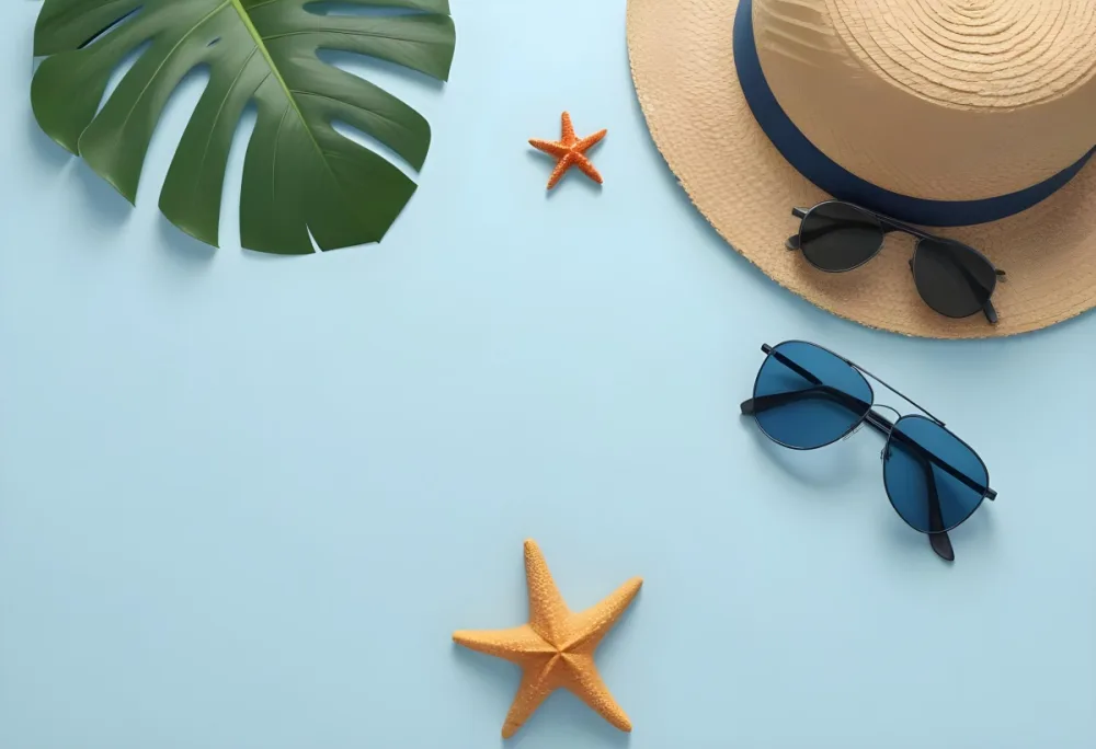Straw Hat With Sunglasses A Monstera Leaf And A Starfish On A Light Blue Wooden Table Summer Vacation Concept Flat Lay 15 07e7