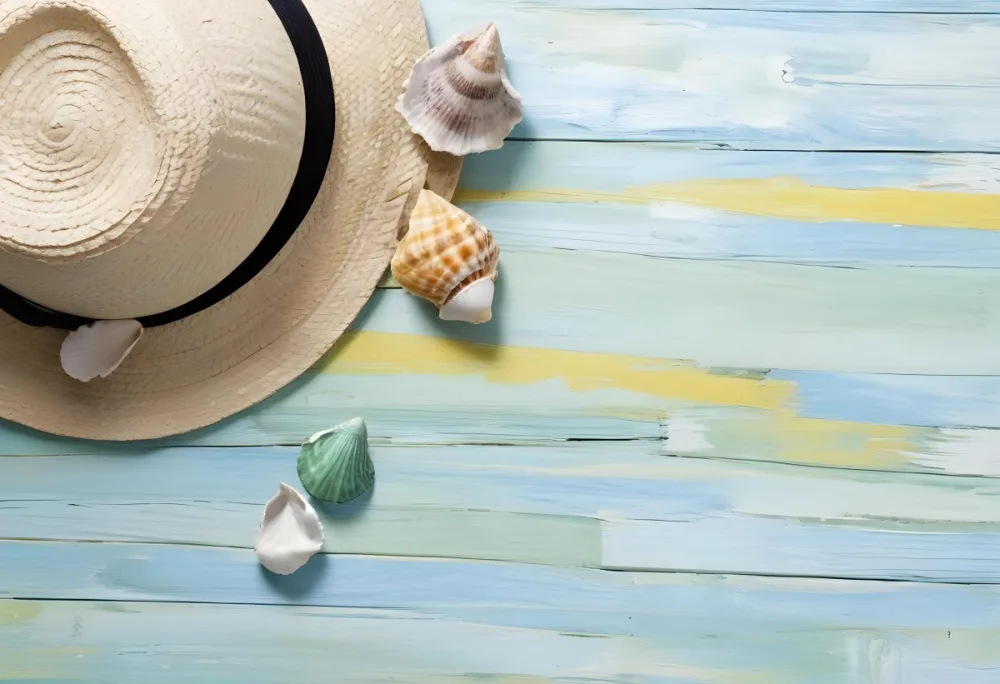 Straw Hat With Sunglasses A Monstera Leaf And A Starfish On A Light Blue Wooden Table Summer Vacation Concept Flat Lay 17 6dee