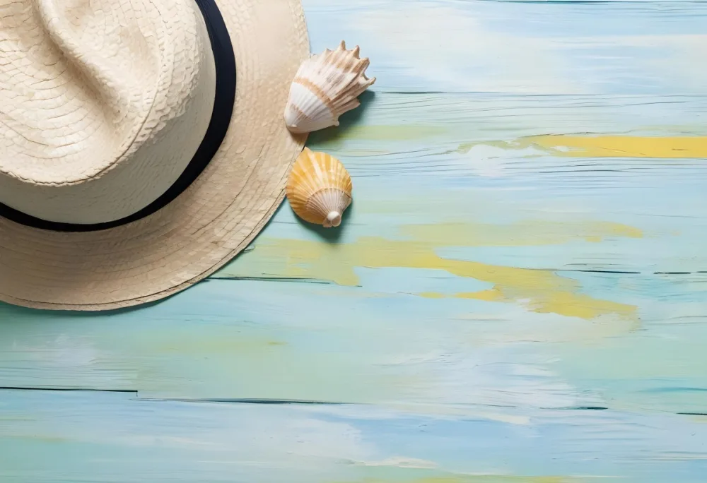Straw Hat With Sunglasses A Monstera Leaf And A Starfish On A Light Blue Wooden Table Summer Vacation Concept Flat Lay 18 2945