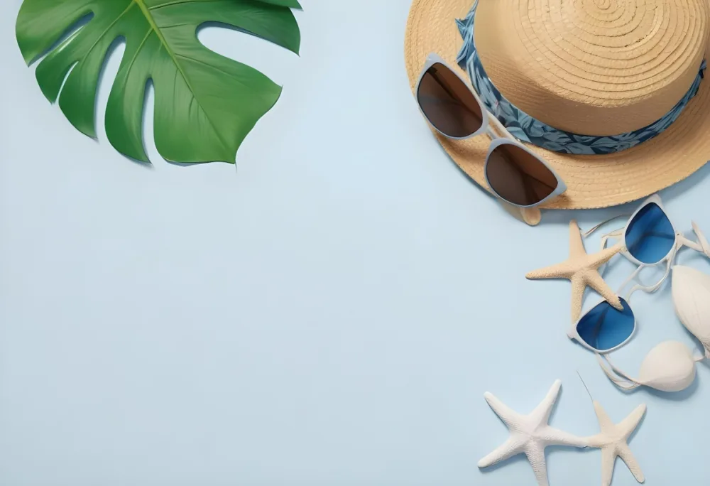 Straw Hat With Sunglasses A Monstera Leaf And A Starfish On A Light Blue Wooden Table Summer Vacation Concept Flat Lay 22 D005