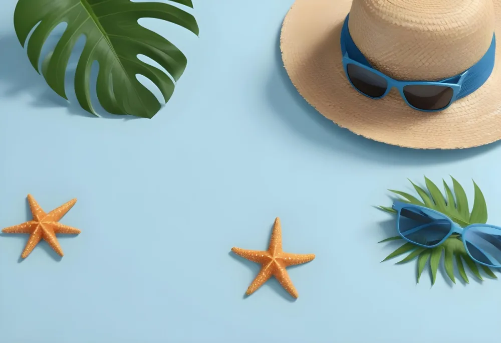 Straw Hat With Sunglasses A Monstera Leaf And A Starfish On A Light Blue Wooden Table Summer Vacation Concept Flat Lay 27 9c6c