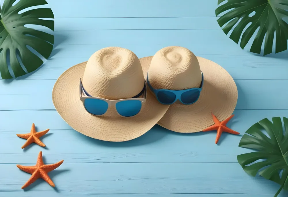 Straw Hat With Sunglasses A Monstera Leaf And A Starfish On A Light Blue Wooden Table Summer Vacation Concept Flat Lay 32 B256