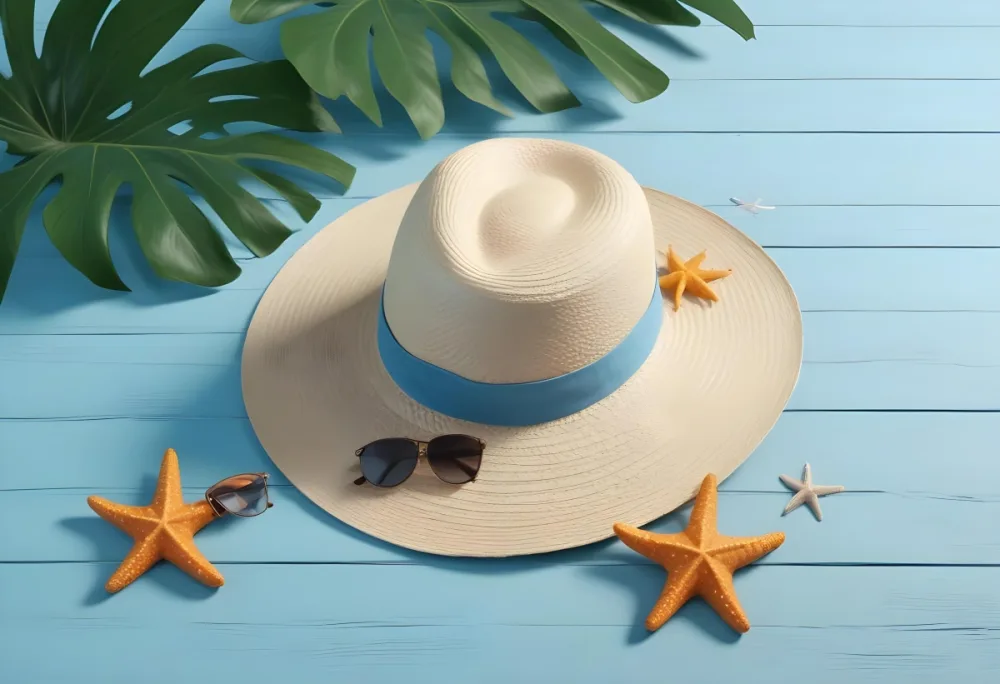 Straw Hat With Sunglasses A Monstera Leaf And A Starfish On A Light Blue Wooden Table Summer Vacation Concept Flat Lay 33 240a
