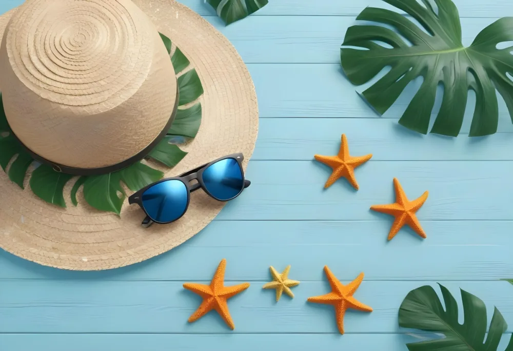 Straw Hat With Sunglasses A Monstera Leaf And A Starfish On A Light Blue Wooden Table Summer Vacation Concept Flat Lay 34 Dcde
