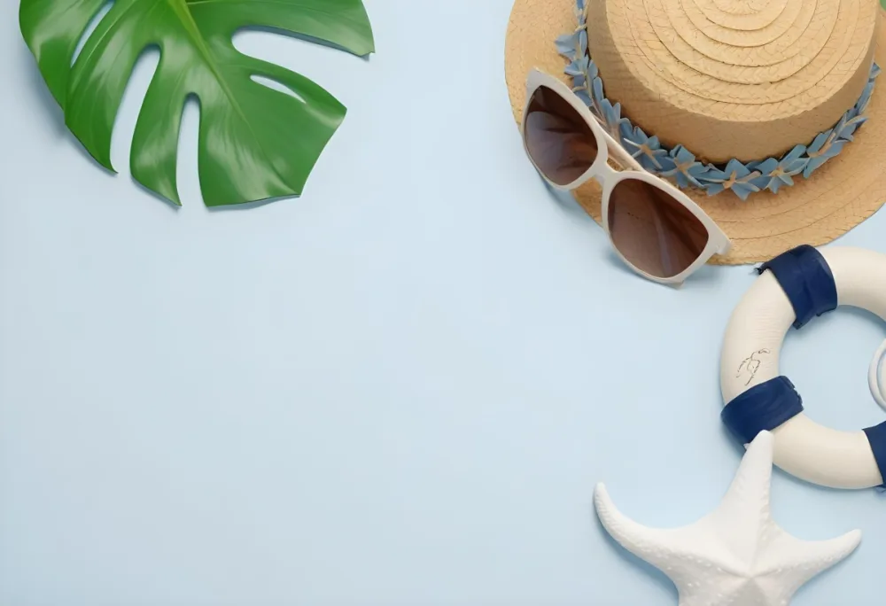 Straw Hat With Sunglasses A Monstera Leaf And A Starfish On A Light Blue Wooden Table Summer Vacation Concept Flat Lay 35 B005