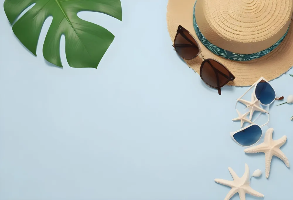 Straw Hat With Sunglasses A Monstera Leaf And A Starfish On A Light Blue Wooden Table Summer Vacation Concept Flat Lay 36 472b