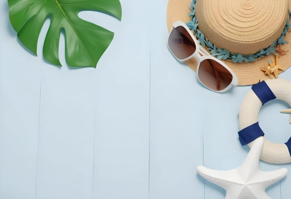 Straw Hat With Sunglasses A Monstera Leaf And A Starfish On A Light Blue Wooden Table Summer Vacation Concept Flat Lay 37 489d