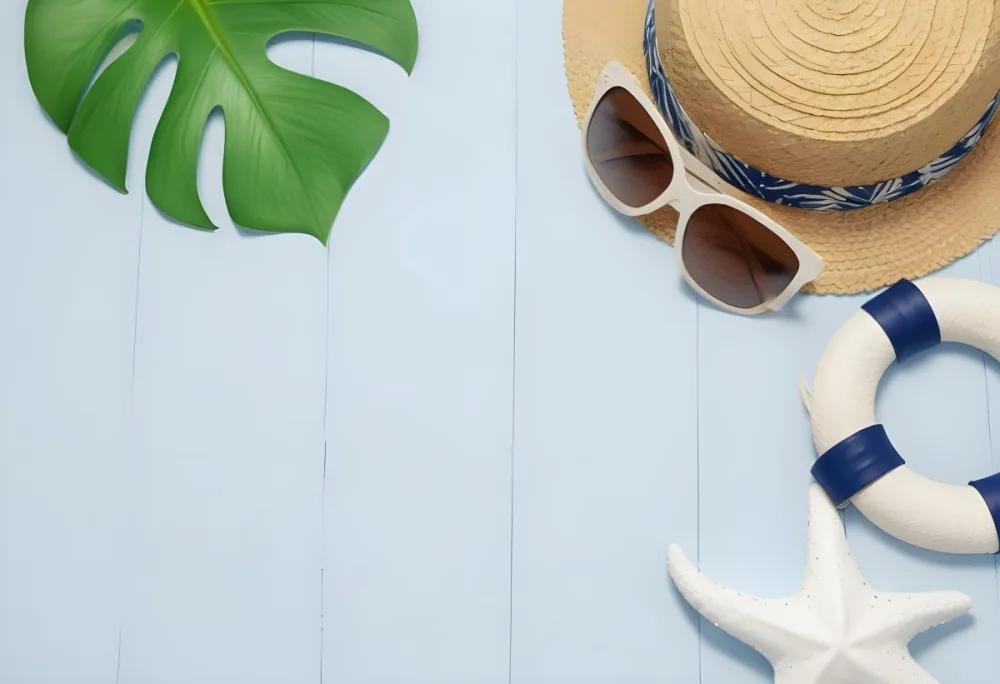 Straw Hat With Sunglasses A Monstera Leaf And A Starfish On A Light Blue Wooden Table Summer Vacation Concept Flat Lay 38 6d90