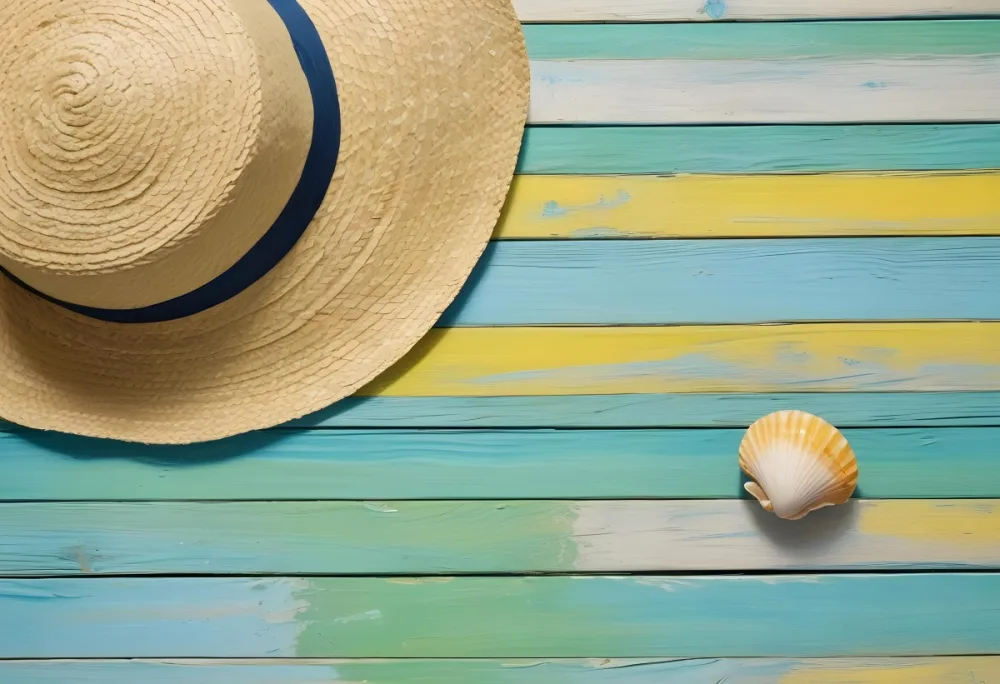 Straw Hat With Sunglasses A Monstera Leaf And A Starfish On A Light Blue Wooden Table Summer Vacation Concept Flat Lay 5 95ab