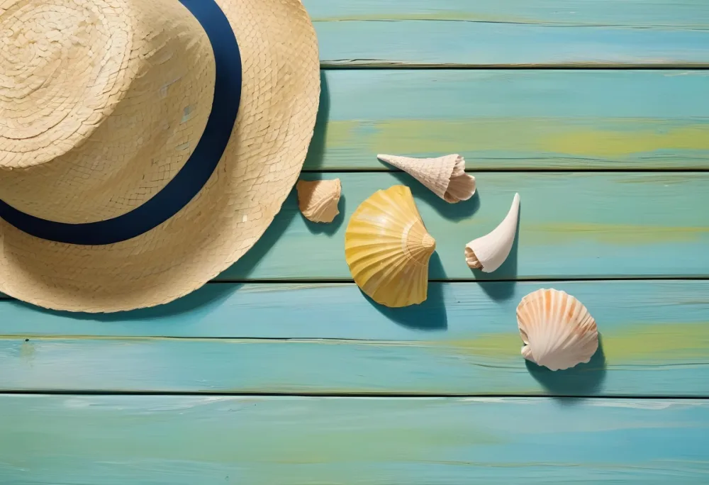 Straw Hat With Sunglasses A Monstera Leaf And A Starfish On A Light Blue Wooden Table Summer Vacation Concept Flat Lay 6 E4e9