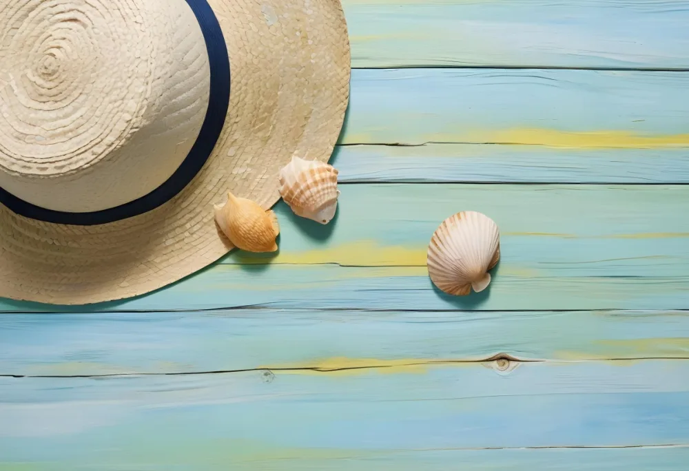 Straw Hat With Sunglasses A Monstera Leaf And A Starfish On A Light Blue Wooden Table Summer Vacation Concept Flat Lay 7 359a
