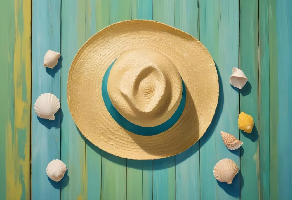 Straw Hat With Sunglasses A Monstera Leaf And A Starfish On A Light Blue Wooden Table Summer Vacation Concept Flat Lay 8 3ae2