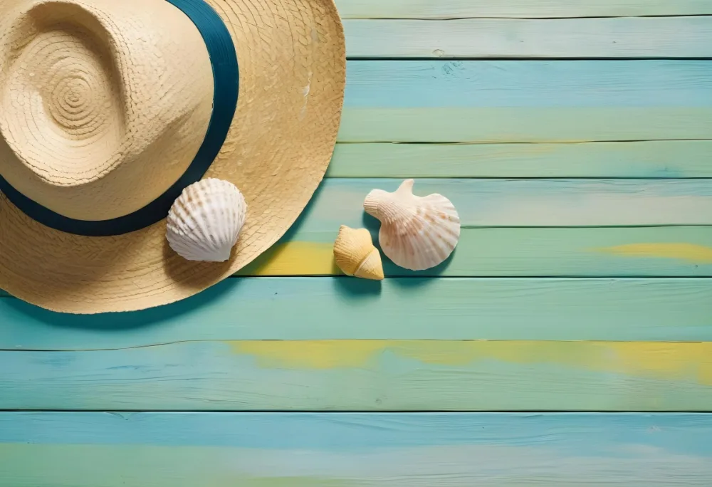 Straw Hat With Sunglasses A Monstera Leaf And A Starfish On A Light Blue Wooden Table Summer Vacation Concept Flat Lay 9 B83a