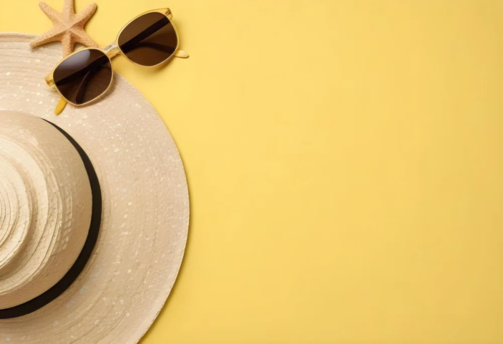 Straw Hat With Sunglasses And A Starfish On Top Of It All Over A Yellow Background 13 2700