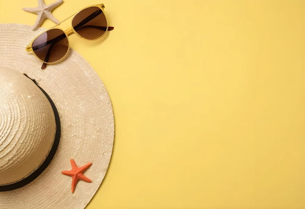 Straw Hat With Sunglasses And A Starfish On Top Of It All Over A Yellow Background 28 374a