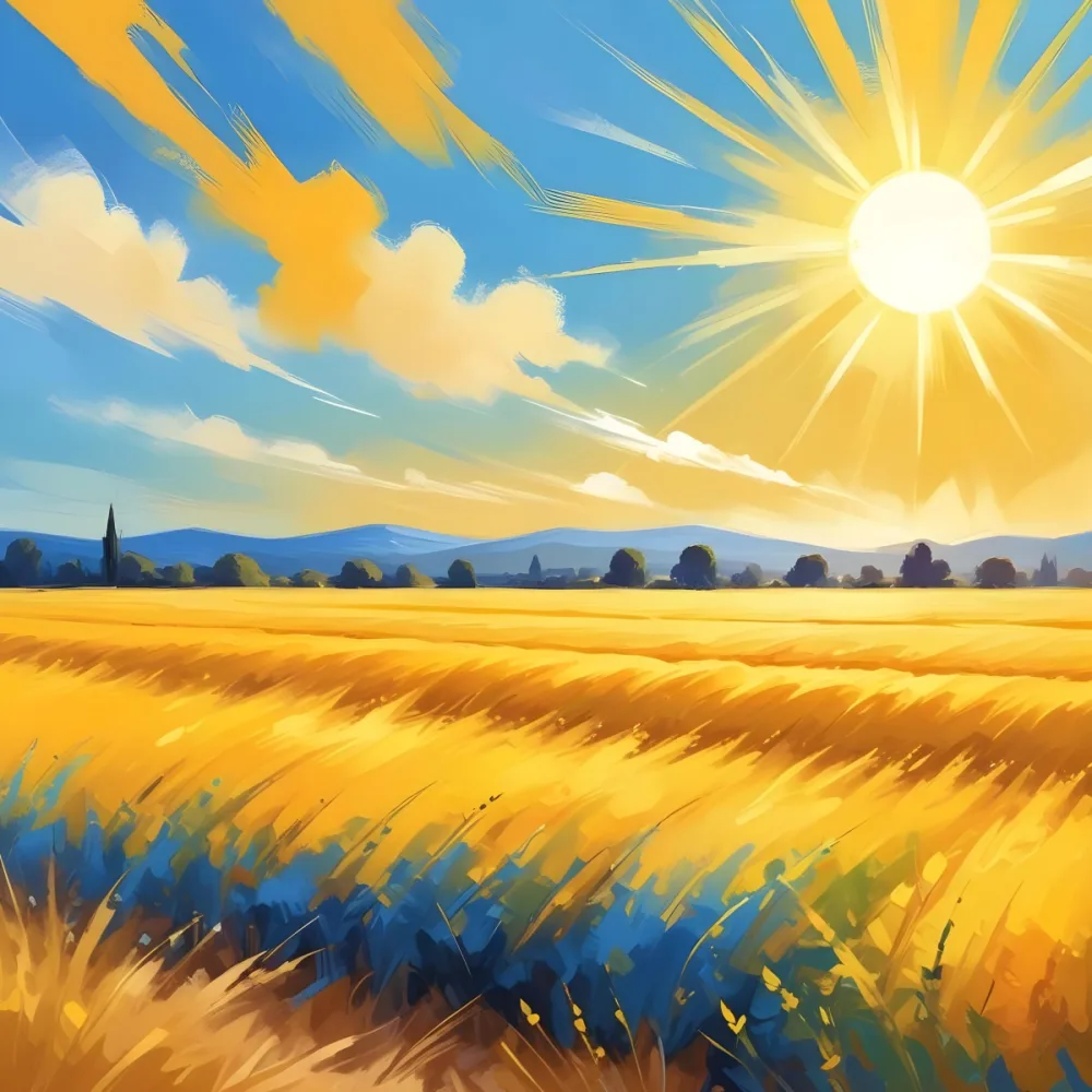 Sun Shining In A Blue Sky Over A Yellow Field Bright Light Vibrant Colors Sunny Day Abstract Background Summer Theme Warm Tones 5 2c4f