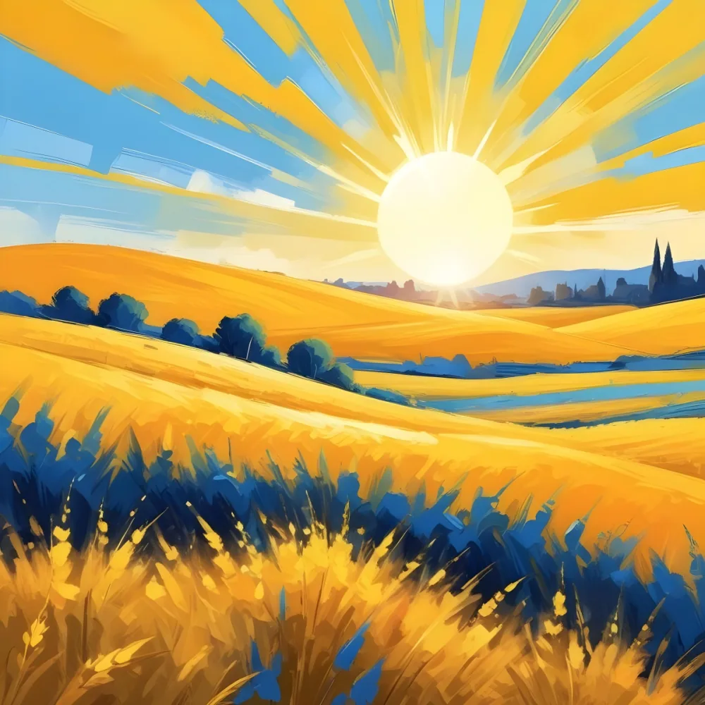 Sun Shining In A Blue Sky Over A Yellow Field Bright Light Vibrant Colors Sunny Day Abstract Background Summer Theme Warm Tones 9 4576