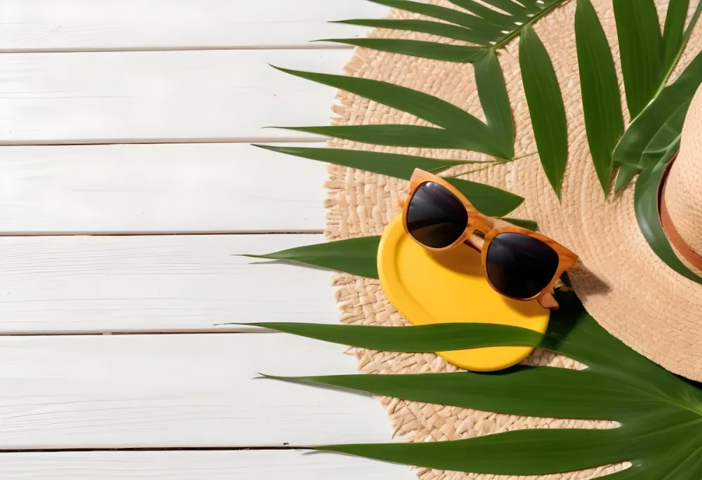 Sunglasses And Sunscreen On A Straw Mat With A Palm Leaf In The Foreground On A White Wooden Surface 10 2704