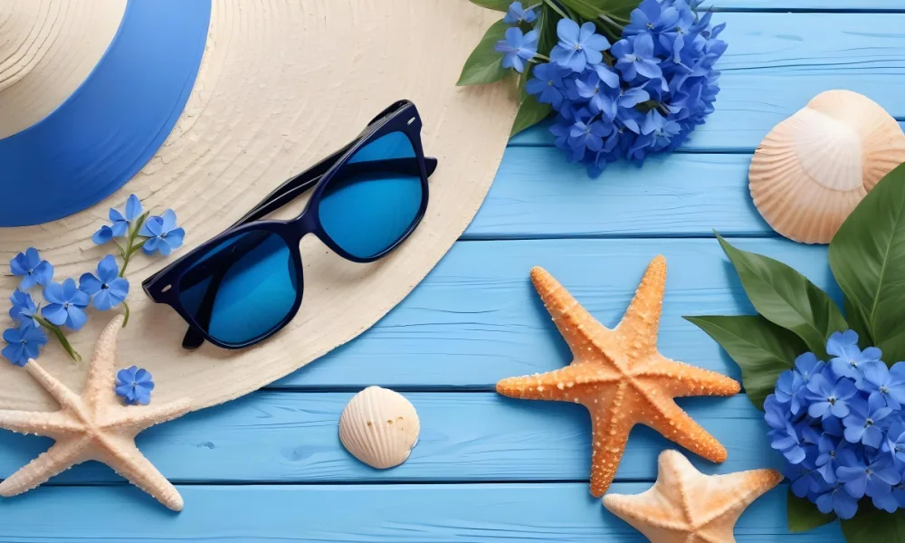 Sunglasses Seashells Starfish Hat And Blue Flowers On A Blue Wooden Table Summer Vacation Concept Tropical Background 19 D155