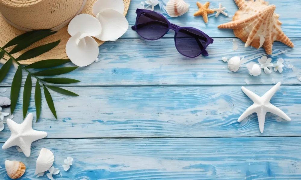 Sunglasses Seashells Starfish Hat And Blue Flowers On A Blue Wooden Table Summer Vacation Concept Tropical Background 2 D827