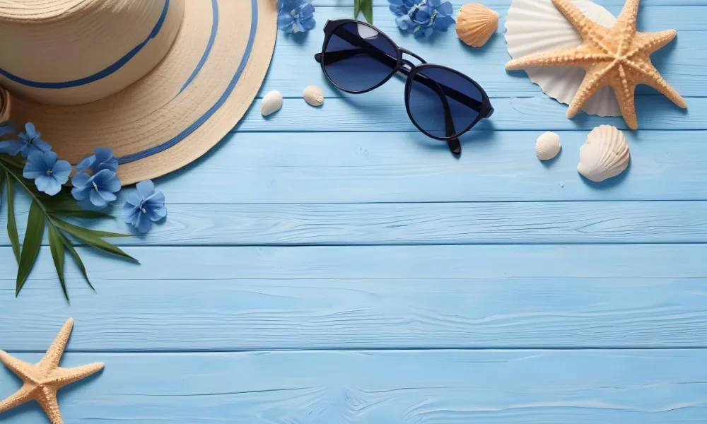 Sunglasses Seashells Starfish Hat And Blue Flowers On A Blue Wooden Table Summer Vacation Concept Tropical Background 21 5b5e