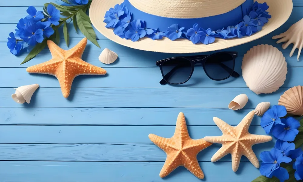 Sunglasses Seashells Starfish Hat And Blue Flowers On A Blue Wooden Table Summer Vacation Concept Tropical Background 23 4c6c