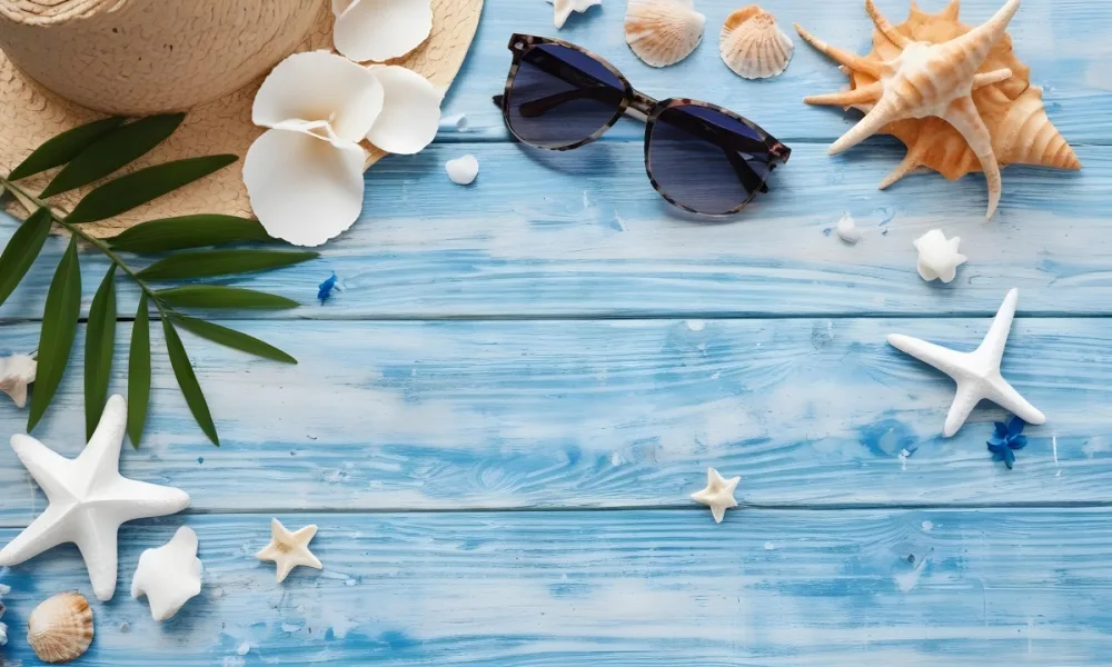 Sunglasses Seashells Starfish Hat And Blue Flowers On A Blue Wooden Table Summer Vacation Concept Tropical Background 8 Cb06