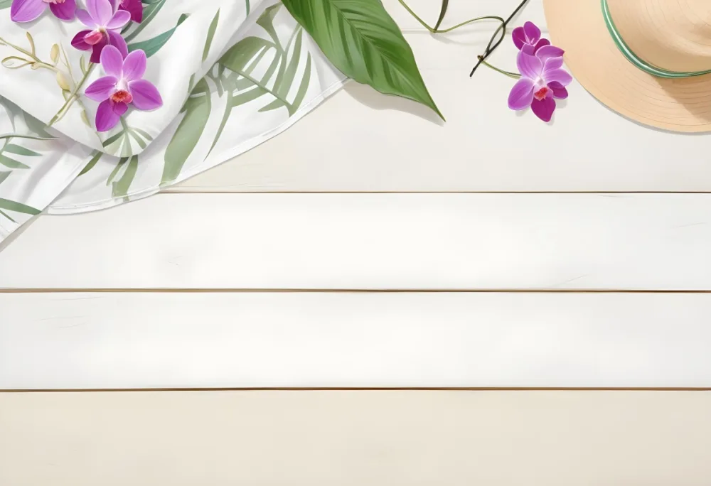 Sunglasses Sunscreen Towel Hat Orchids And Green Leaves On A White Wooden Table Top View 29 7faf