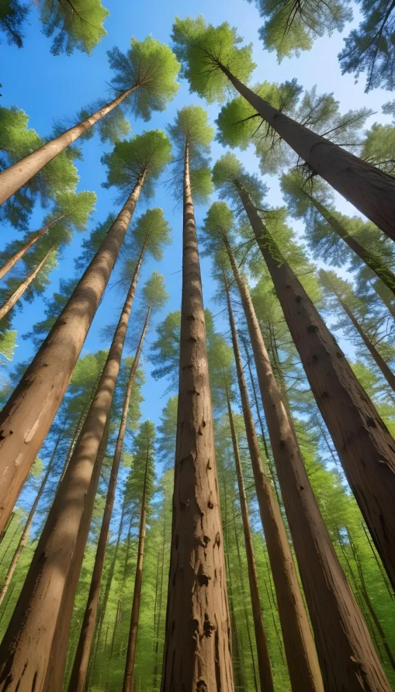 Tall Trees With Straight Trunks Reaching Towards A Blue Sky With Green Foliage At The Top The Perspective Is From The Ground Looking Up Showcasing The Height And Density Of The Forest 4 E08c