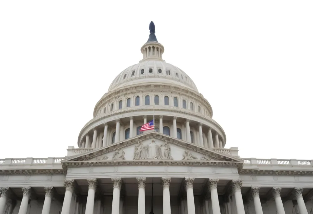 The United States Capitol Building With The American Flag Waving In The Wind The Sky Is White 23 4323