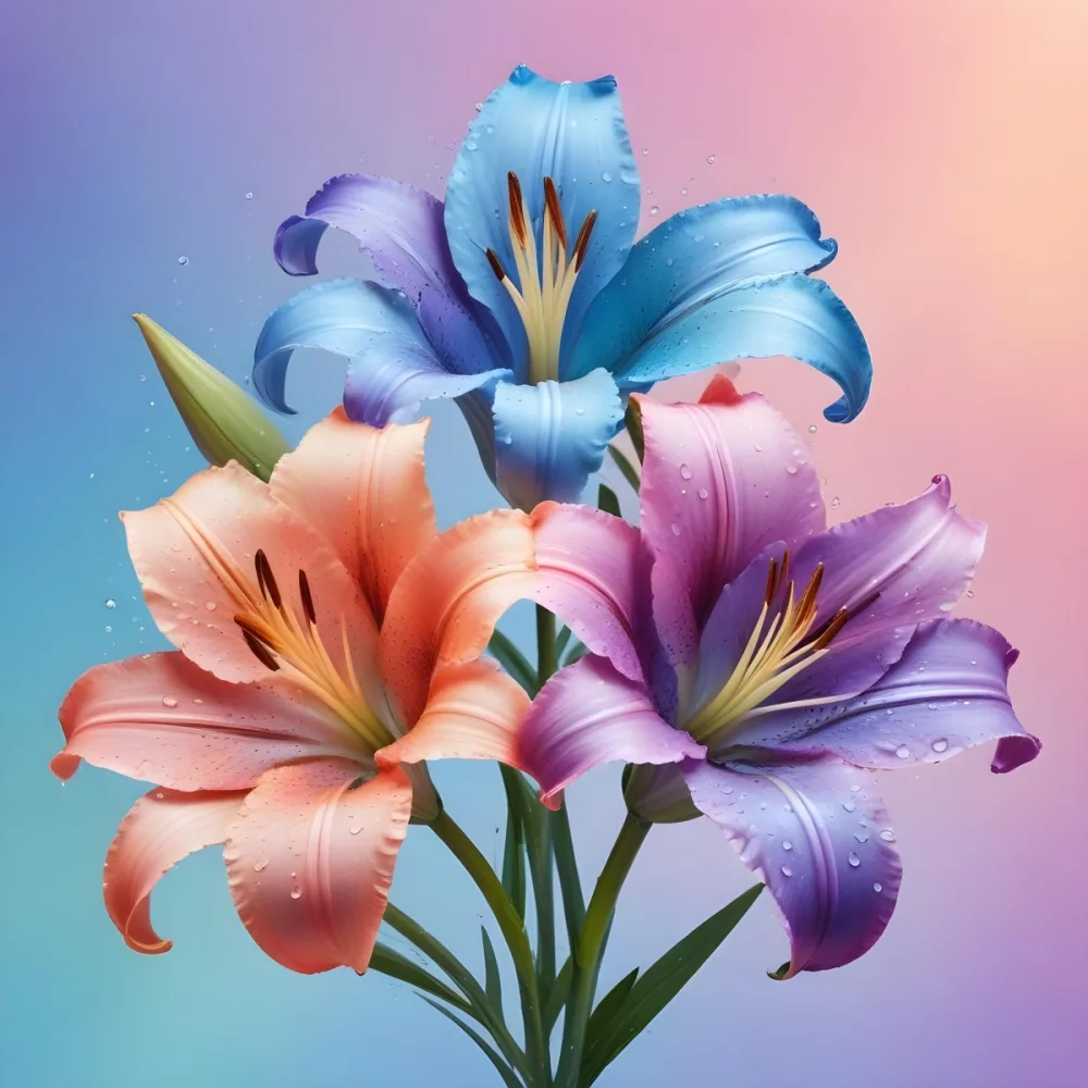 Three Colorful Lilies With Water Drops On A Pastel Gradient Background The Flowers Are Pink Purple And Blue The Petals Are Soft And Delicate 61 5be1