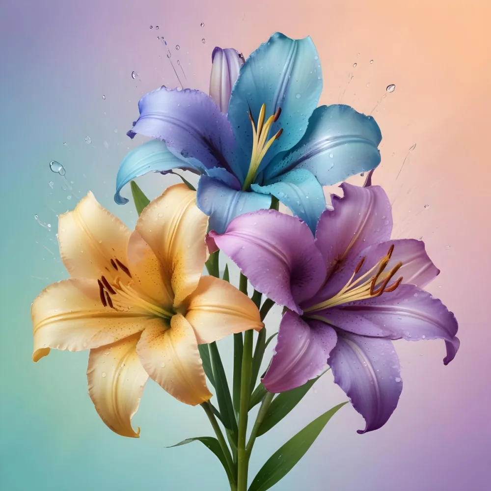 Three Colorful Lilies With Water Drops On A Pastel Gradient Background The Flowers Are Yellow Yellow And Yellow With Purple Pistils And Yellow Stems 10 C3d5