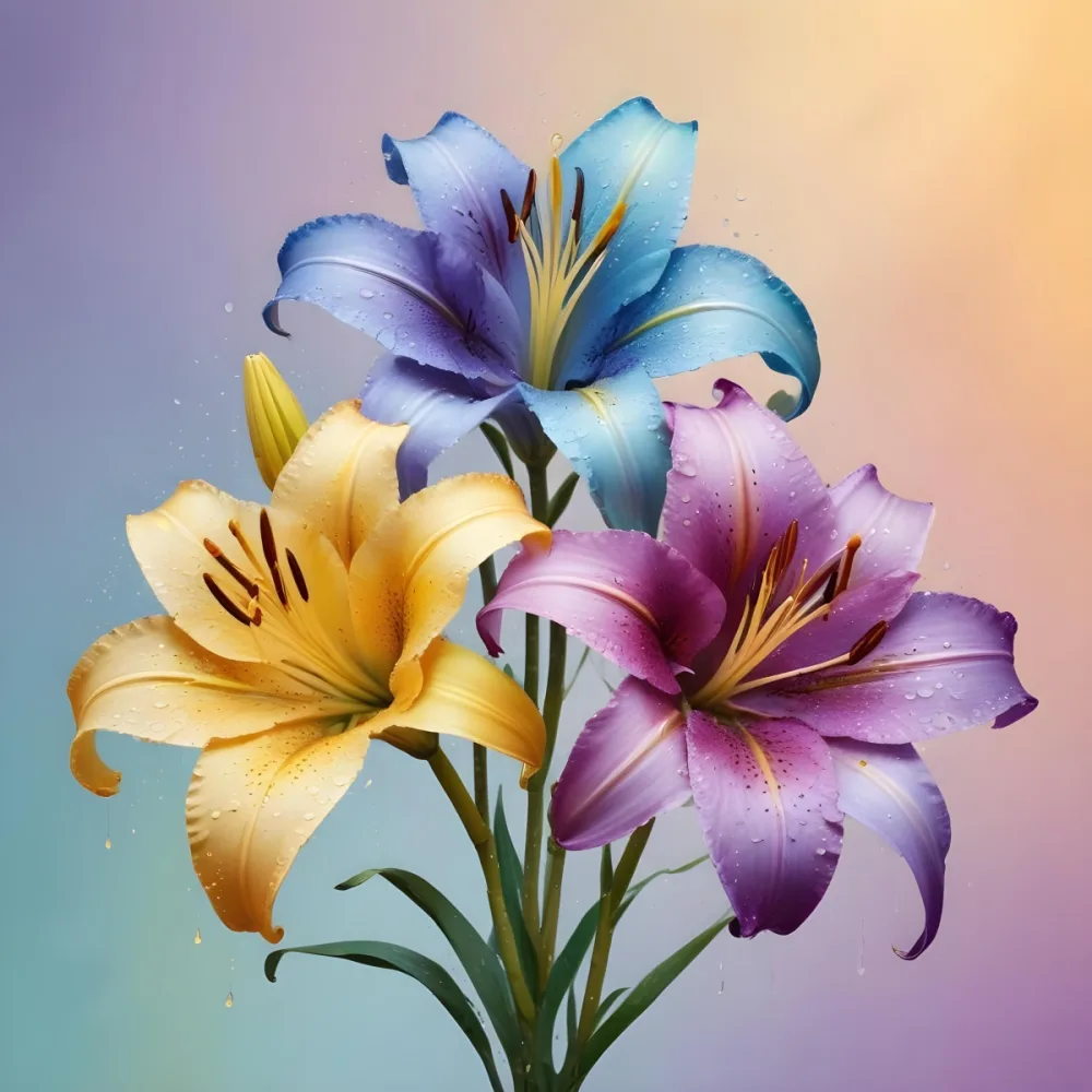 Three Colorful Lilies With Water Drops On A Pastel Gradient Background The Flowers Are Yellow Yellow And Yellow With Purple Pistils And Yellow Stems 13 A54b