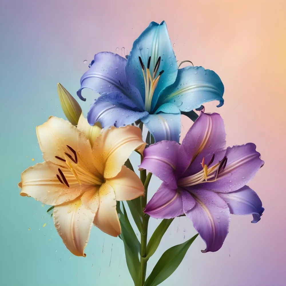 Three Colorful Lilies With Water Drops On A Pastel Gradient Background The Flowers Are Yellow Yellow And Yellow With Purple Pistils And Yellow Stems 16 79b1