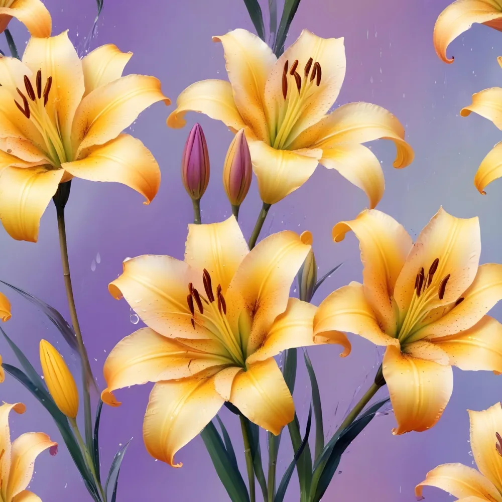 Three Colorful Lilies With Water Drops On A Pastel Gradient Background The Flowers Are Yellow Yellow And Yellow With Purple Pistils And Yellow Stems 17 Fa20