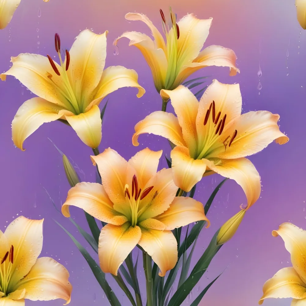 Three Colorful Lilies With Water Drops On A Pastel Gradient Background The Flowers Are Yellow Yellow And Yellow With Purple Pistils And Yellow Stems 18 D618