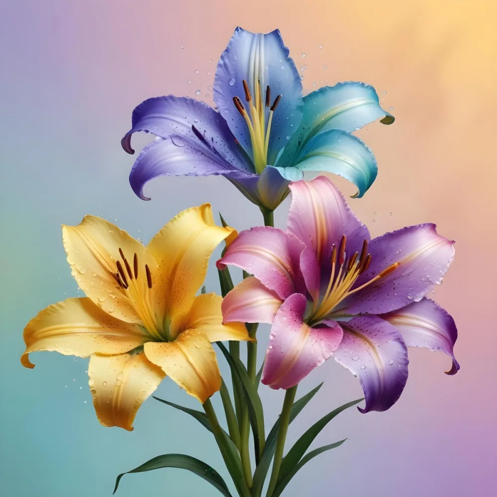 Three Colorful Lilies With Water Drops On A Pastel Gradient Background The Flowers Are Yellow Yellow And Yellow With Purple Pistils And Yellow Stems 26 3cb9