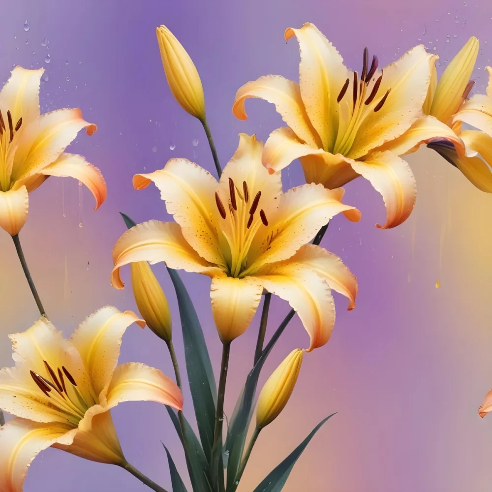 Three Colorful Lilies With Water Drops On A Pastel Gradient Background The Flowers Are Yellow Yellow And Yellow With Purple Pistils And Yellow Stems 28 D6ea