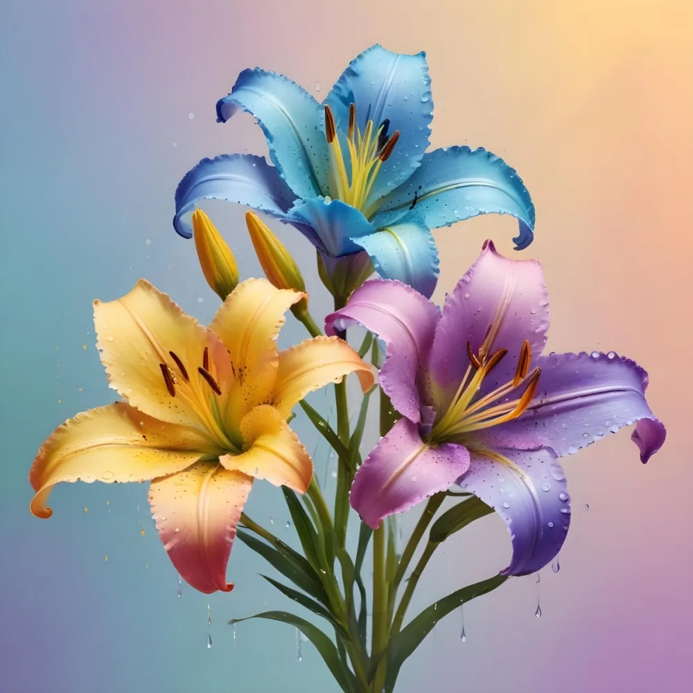 Three Colorful Lilies With Water Drops On A Pastel Gradient Background The Flowers Are Yellow Yellow And Yellow With Purple Pistils And Yellow Stems 29 09e2