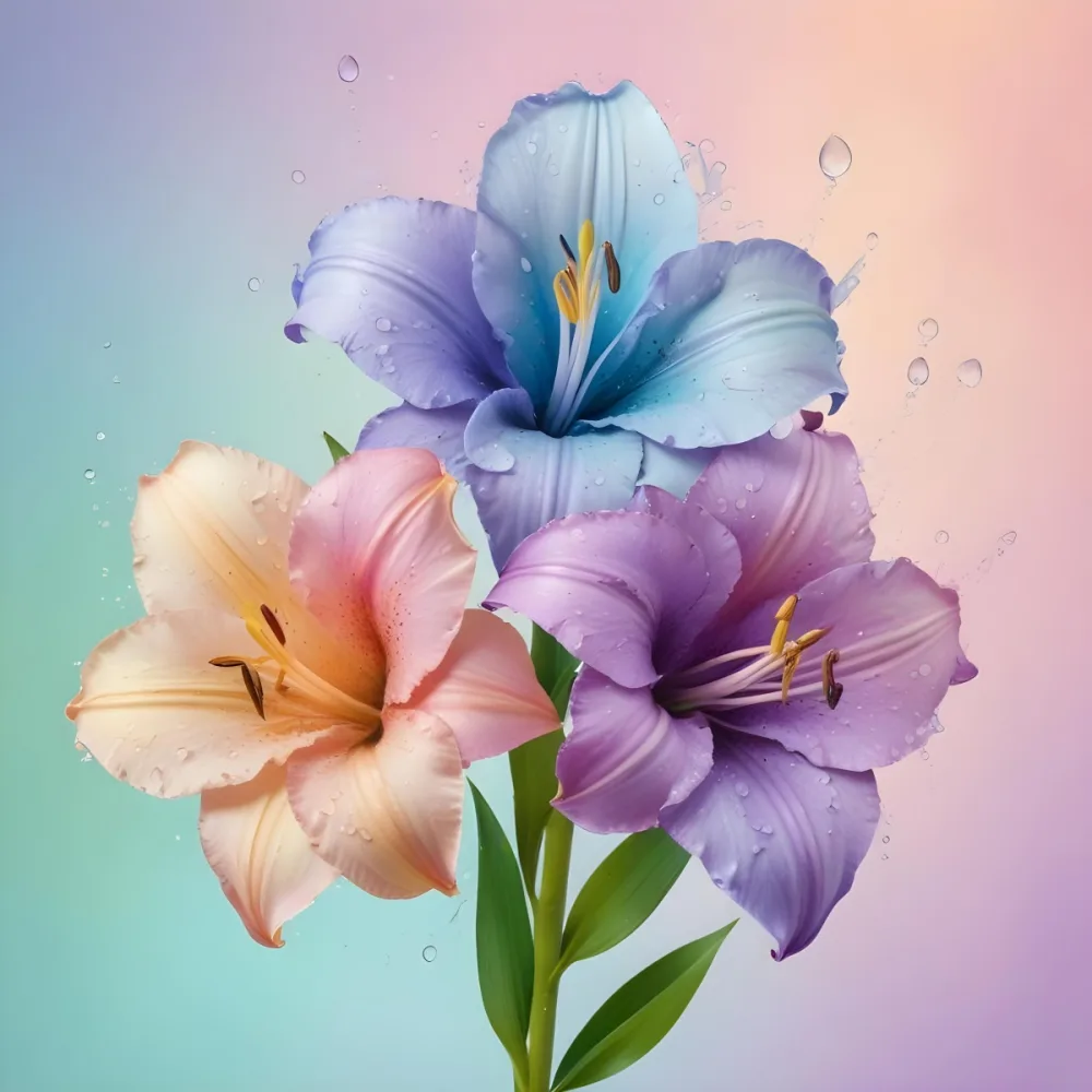 Three Colorful Lilies With Water Drops On A Pastel Gradient Background The Flowers Are Yellow Yellow And Yellow With Purple Pistils And Yellow Stems 39 3e00