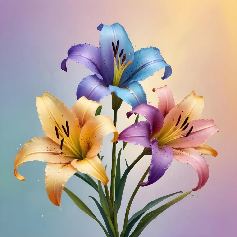 Three Colorful Lilies With Water Drops On A Pastel Gradient Background The Flowers Are Yellow Yellow And Yellow With Purple Pistils And Yellow Stems 40 B0eb