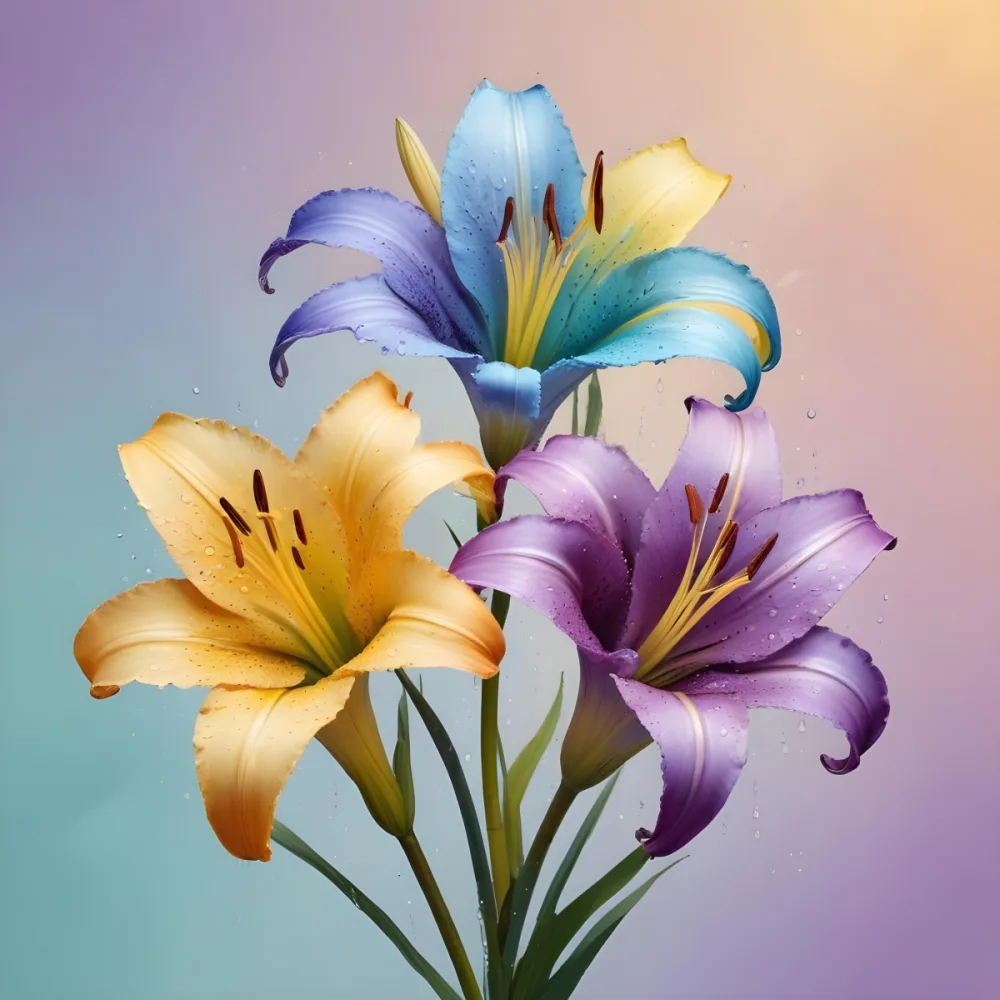 Three Colorful Lilies With Water Drops On A Pastel Gradient Background The Flowers Are Yellow Yellow And Yellow With Purple Pistils And Yellow Stems 44 Fc40