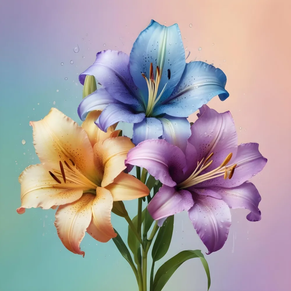Three Colorful Lilies With Water Drops On A Pastel Gradient Background The Flowers Are Yellow Yellow And Yellow With Purple Pistils And Yellow Stems 46 F533