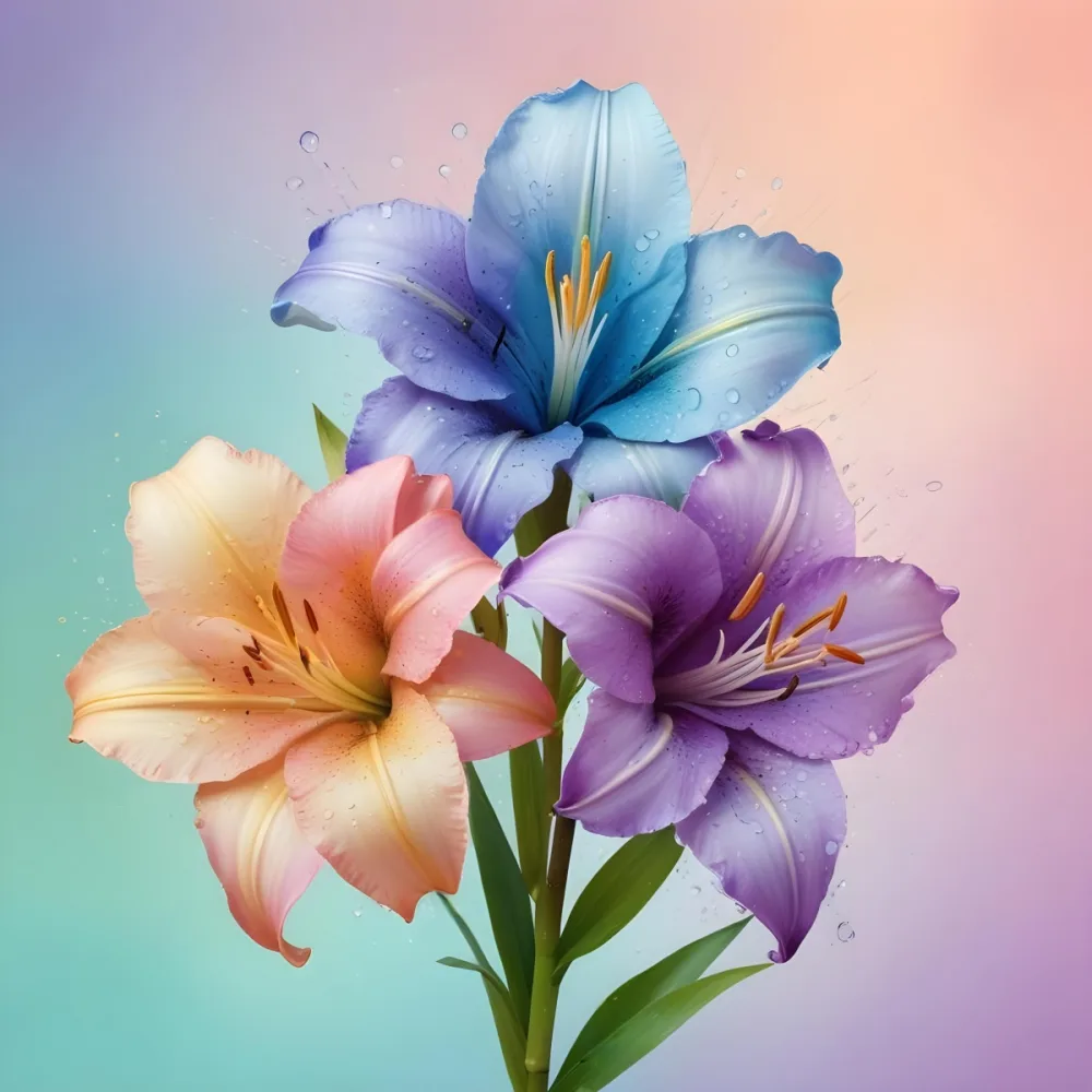 Three Colorful Lilies With Water Drops On A Pastel Gradient Background The Flowers Are Yellow Yellow And Yellow With Purple Pistils And Yellow Stems 47 74de