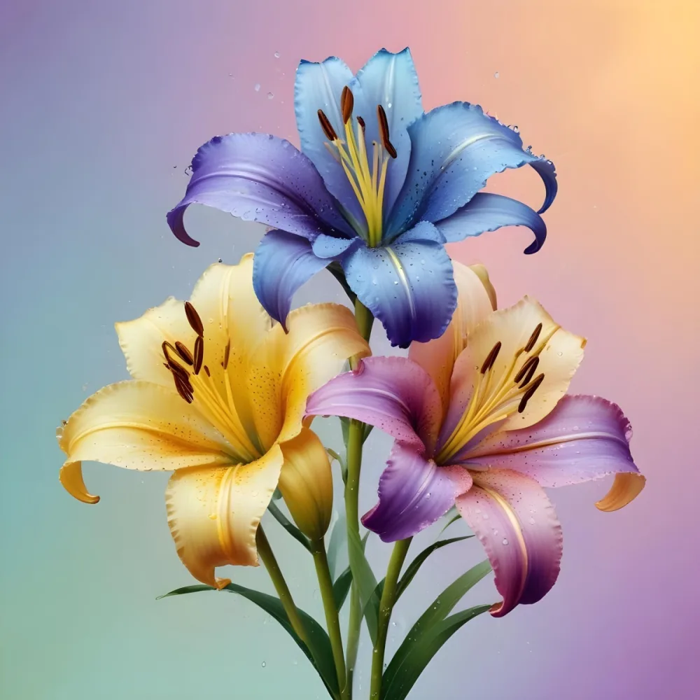 Three Colorful Lilies With Water Drops On A Pastel Gradient Background The Flowers Are Yellow Yellow And Yellow With Purple Pistils And Yellow Stems 9 Ce52