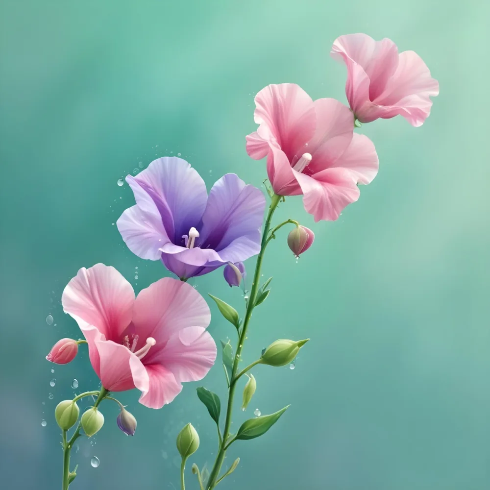 Three Colorful Sweet Pea Flowers With Water Droplets On A Light Green Background Pastel Colors Soft Lighting Elegant Whimsical Dreamy Floral Design Vibrant Detailed Petals 10 Cbc5