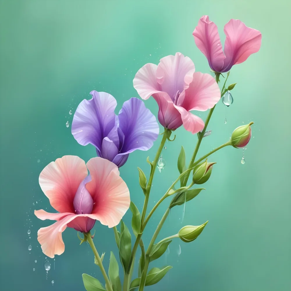 Three Colorful Sweet Pea Flowers With Water Droplets On A Light Green Background Pastel Colors Soft Lighting Elegant Whimsical Dreamy Floral Design Vibrant Detailed Petals 15 2262