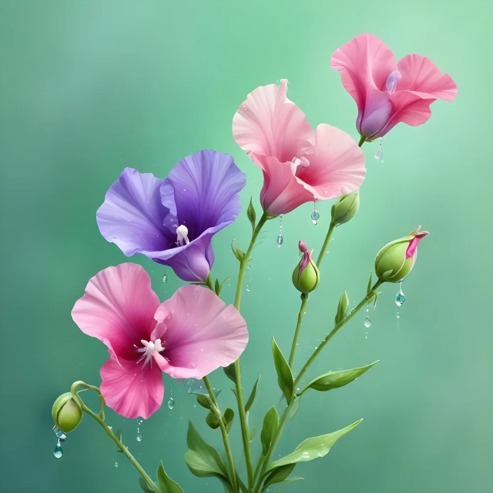 Three Colorful Sweet Pea Flowers With Water Droplets On A Light Green Background Pastel Colors Soft Lighting Elegant Whimsical Dreamy Floral Design Vibrant Detailed Petals 16 5718