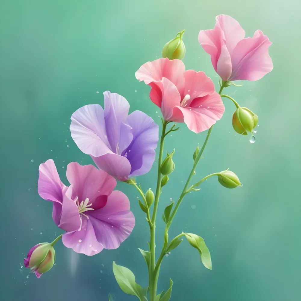 Three Colorful Sweet Pea Flowers With Water Droplets On A Light Green Background Pastel Colors Soft Lighting Elegant Whimsical Dreamy Floral Design Vibrant Detailed Petals 19 F352