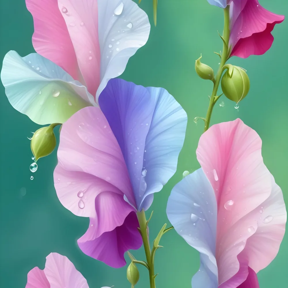 Three Colorful Sweet Pea Flowers With Water Droplets On A Light Green Background Pastel Colors Soft Lighting Elegant Whimsical Dreamy Floral Design Vibrant Detailed Petals 24 683b